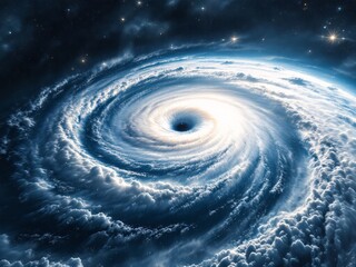 Aerial view of a powerful hurricane with a distinct eye, showcasing swirling clouds and intense weather.