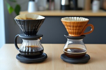 Two ceramic pour-over coffee drippers brewing. Shows the process of making fresh coffee at home.