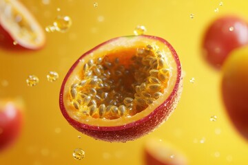 Passion fruit half levitating in yellow background
