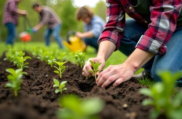 A close-up view of a gardener's hands planting seedlings in a community garden plot during early spring. The background shows a variety of garden tools, a watering can, and a basket filled with garden