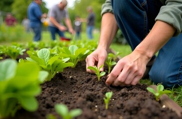 A close-up view of a gardener's hands planting seedlings in a community garden plot during early spring. The background shows a variety of garden tools, a watering can, and a basket filled with garden