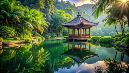 Obraz premium Serene Temple Reflecting in Tranquil Pond â€“ Peaceful Landscape, Natural Beauty, Zen Architecture, Scenic Reflection, Calm Water