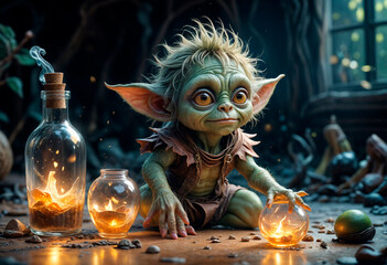 adorable beautiful magic pet goblin child creature, calming view, detailed portrait, epic fantasy tale, vibrant, transparent glowing potions, watercolor painting - generated by ai
