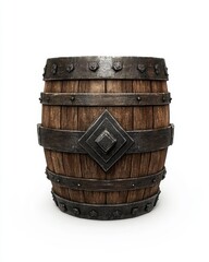 Obraz premium Wooden barrel with iron bands and decorative metal plate.