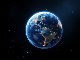 Obraz premium Nighttime Earth with glowing city lights and network connections across the globe.