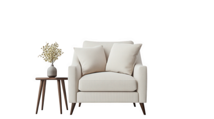modern. minimalist armchair with soft. neutral-colored upholstery and two plush cushions beside it is a small wooden table holding a simple vase with dried flowers. creating a serene and inviting atmo