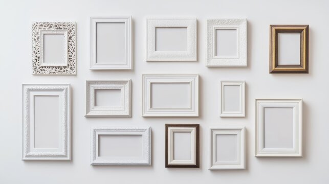 Decorative collection of empty picture frames arranged on a white wall in a modern setting for interior design inspiration