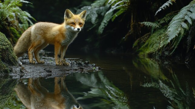 Red fox by forest stream, reflection, wildlife - Powered by Adobe