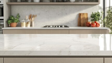 Clean white marble kitchen countertop, Ideal for showcasing food, products, or creating a minimalist kitchen scene.