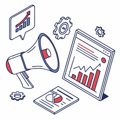Professional 3D Digital Marketing Concept Illustration with Icons like Megaphone, Analytics, and Graphs on Transparent Background, Perfect for Business and Advertising