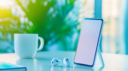 Modern workspace featuring a smartphone on a stand, wireless earbud, and a coffee mug with greenery