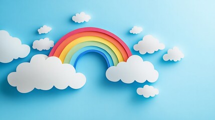 Cheerful rainbow playfully nestled among fluffy paper clouds bright pastel blue background. AI Generated