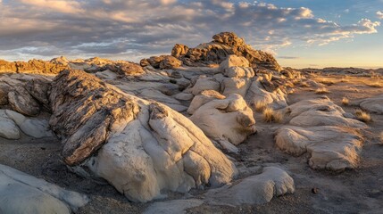 Obraz premium Rocky Landscape at Sunset with Golden Light and Dramatic Sky Clouds
