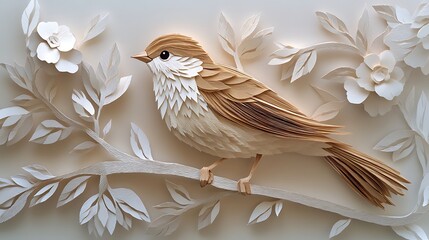 A paper art depiction of a bird perched on a branch, with each feather and leaf intricately cut and layered to create a harmonious, peaceful scene