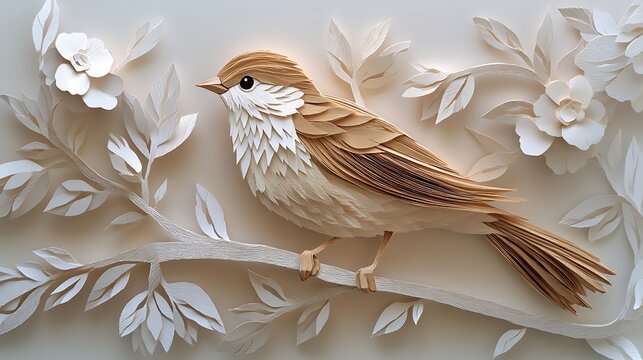 A paper art depiction of a bird perched on a branch, with each feather and leaf intricately cut and layered to create a harmonious, peaceful scene