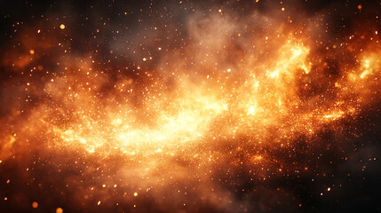 A dark brown and orange textured background with sparks, fire particles, flames, and smoke creating a minimalistic bright tone with blurred empty space for caption or message


