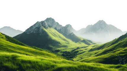 a serene landscape featuring rolling green hills and majestic mountains under a soft. misty sky the scene evokes a sense of tranquility and connection to nature. perfect for inspiring relaxation and o