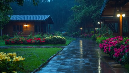 Obraz premium Rainy night scene, walkway between illuminated cabins and vibrant flowers.