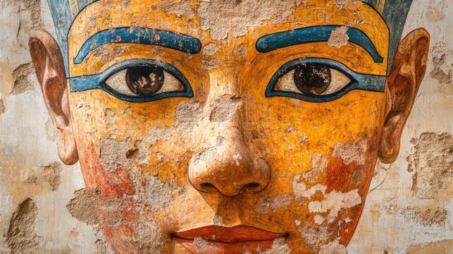 Ancient Egyptian mural: divine figure, pharaoh imagery, sacred artwork, royal icon, historical depiction, religious art, cultural heritage, hieroglyphic style, symbolic representation, regal painting.