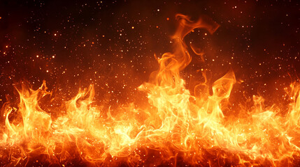 A dark brown and orange textured background with sparks, fire particles, flames, and smoke creating a minimalistic bright tone with blurred empty space for caption or message

