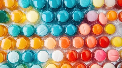 Colorful pills in blister pack, top view.