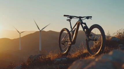 Naklejka premium A golden hour shot of wind turbines reflecting vibrant light, symbolizing optimism and progress in renewable energy