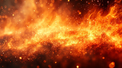 A dark brown and orange textured background with sparks, fire particles, flames, and smoke creating a minimalistic bright tone with blurred empty space for caption or message

