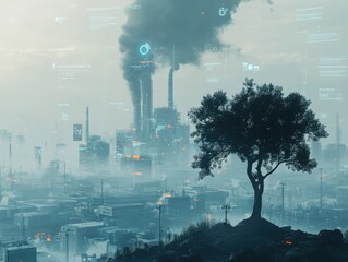 Industrial landscape shrouded in smog with a solitary tree in the foreground.