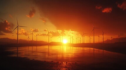 Obraz premium A golden hour shot of wind turbines reflecting vibrant light, symbolizing optimism and progress in renewable energy