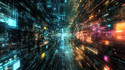 Abstract digital tunnel with glowing data streams. Ideal for tech, AI, or futuristic concepts.