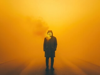 Obraz premium Mysterious figure surrounded by dense yellow fog.