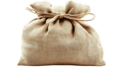 a small burlap sack tied at the top with a natural twine. suggesting a rustic or handmade quality it can be used for various purposes. such as storage. gift wrapping. or as a decorative item the neutr