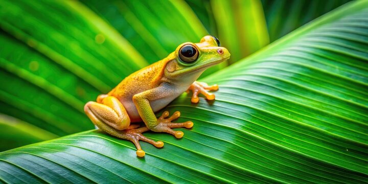 Vibrant Green Tropical Leaf with Coqui Frog in Lush Rainforest - Drone Photography of Nature's Beauty