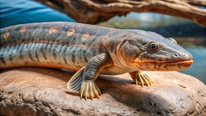 Naklejka premium Tiktaalik extinct walking fish, a key link in evolution, bridging aquatic life to four-legged animals