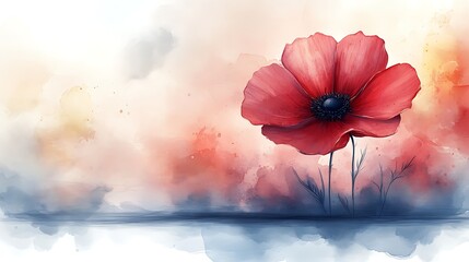 Obraz premium A single, vibrant red poppy flower, rendered in a painterly digital watercolor style, commands attention against a soft, atmospheric background of blended pastel hues, creating a serene and evocative 