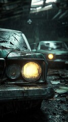 Dark moody ambiance illuminates decaying classic cars parked in a forgotten garage. AI Generated