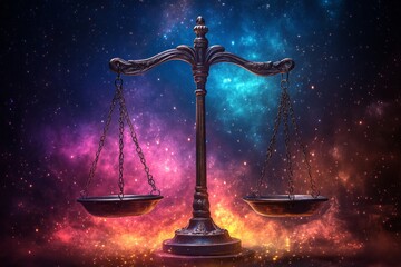 Cosmic balance scale in nebula galaxy artwork with ethereal light