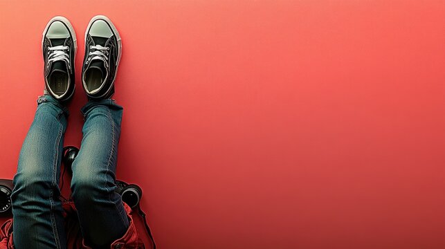 Legs, backpack, sneakers, red background, travel planning