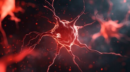 Detailed Close-Up of a Red Neuron with Intricate Branching Structures in Space