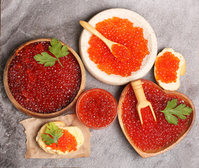 set of bowls with red caviar top view
