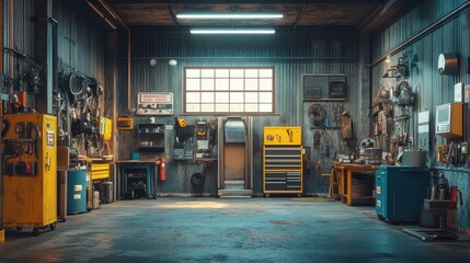 Rustic industrial garage interior, tools & equipment. Perfect for projects about repair, DIY, or industrial themes.