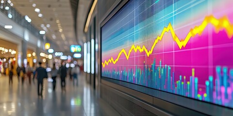 A single-line graph on a digital billboard, in a busy shopping mall