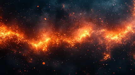 Fototapeta premium A dark brown and orange textured background with sparks, fire particles, flames, and smoke creating a minimalistic bright tone with blurred empty space for caption or message