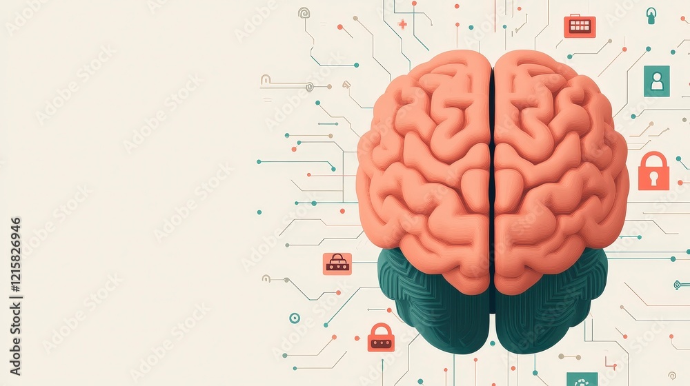 Poster creative brain design with circuit patterns and lock icons for technology concepts