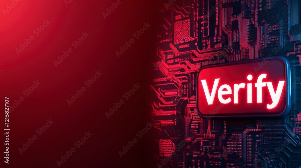 Poster bold verify button illuminated on circuit board background with red glow effect