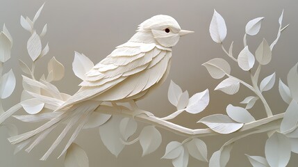 A paper art depiction of a bird perched on a branch, with each feather and leaf intricately cut and layered to create a harmonious, peaceful scene