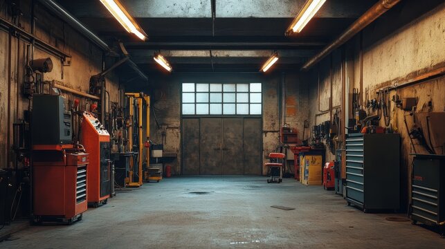 Rustic industrial garage interior, tools & equipment. Perfect for projects about repair, mechanics, or industry.
