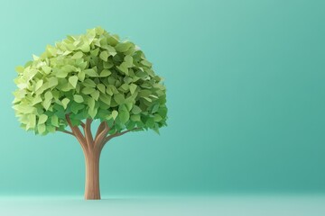 A stylized green tree stands against a teal background