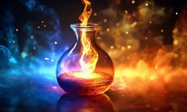 A glowing potion in a flask emits vibrant flames and colorful swirls, evoking magic and alchemy.