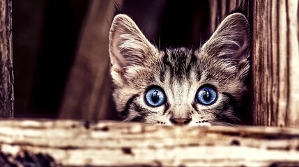 A curious grey tabby kitten with striking blue eyes peeks cautiously from behind a weathered wooden fence, its innocent expression captivating the viewer